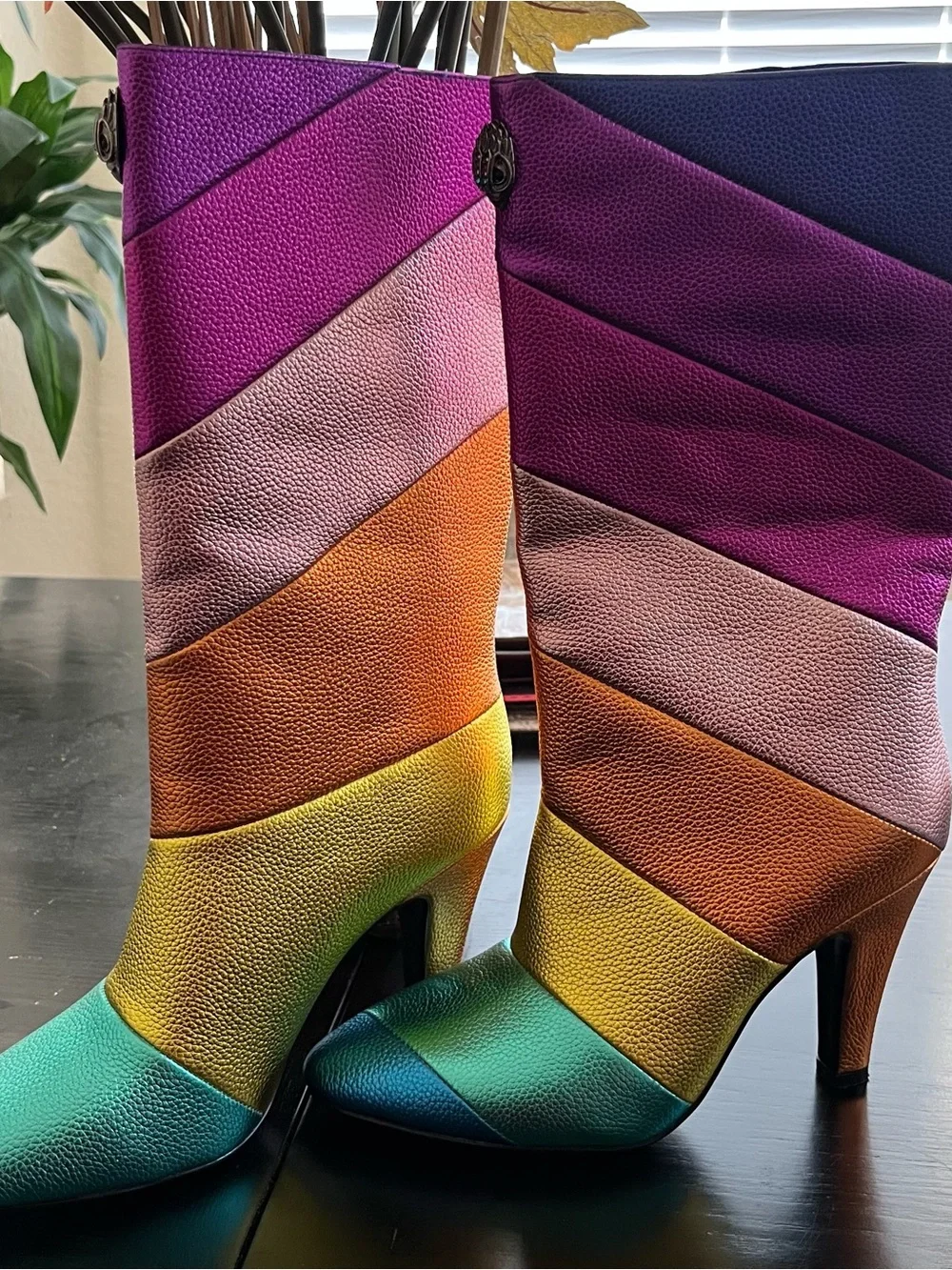 NWOT Kurt Geiger Multicolor Striped Leather Mid-Calf Heeled Boots - Picture 2 of 6